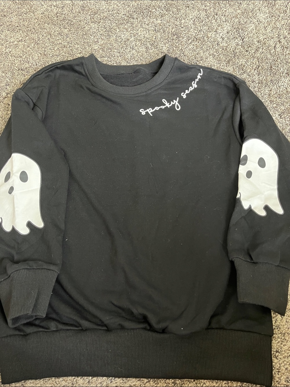 Spooky Black 'Spooky Season' Ghost Sweatshirt. Ladies. Small! Ghosts on sleeves